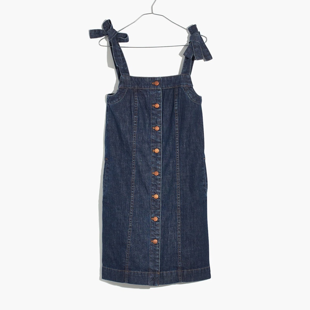 Denim Button-Down Midi Dress with Bow Straps